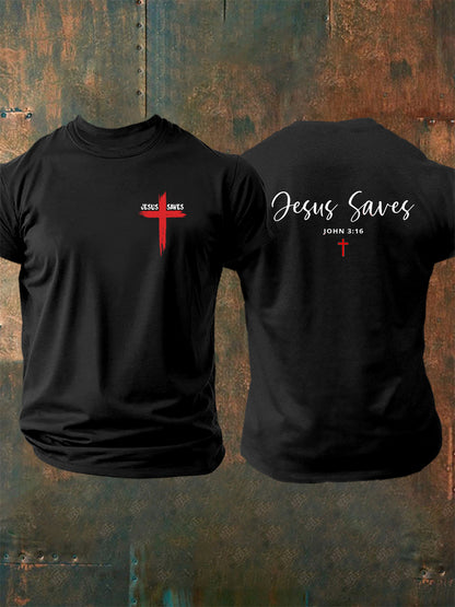Men's Jesus Saves John 3:16 Faith Cross Print Casual Short Sleeve T-shirt