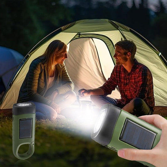 Lampada di emergenza per esterni (manovella + ricarica solare + USB)