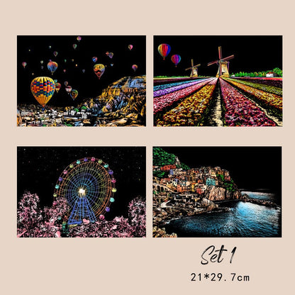 Set di 4 pezzi con immagini creative da graffiare e strumenti